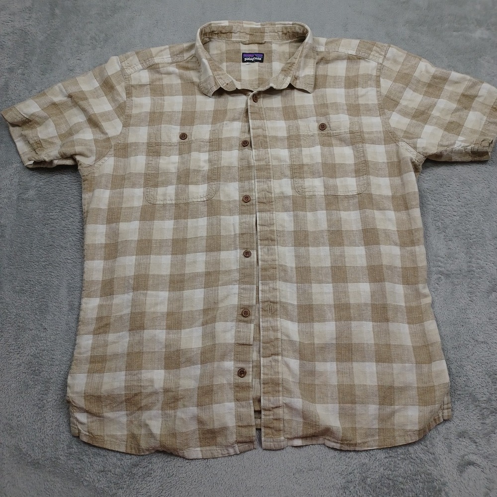 Patagonia Shirt Mens Large Brown Plaid Button Up Short Sleeve Outdoor Casual
